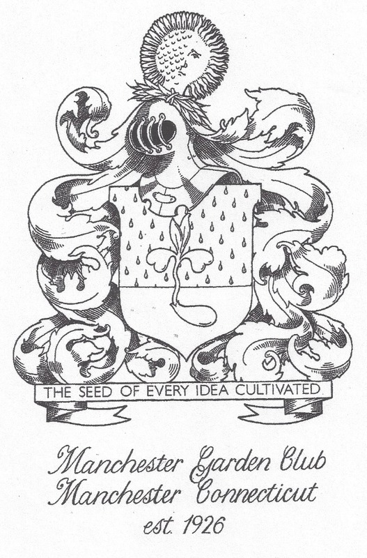 Manchester Garden Club Coat of Arms — a shield with a sprouting seed, topped by a sunflower crest, with the motto "The Seed of Every Idea Cultivated"